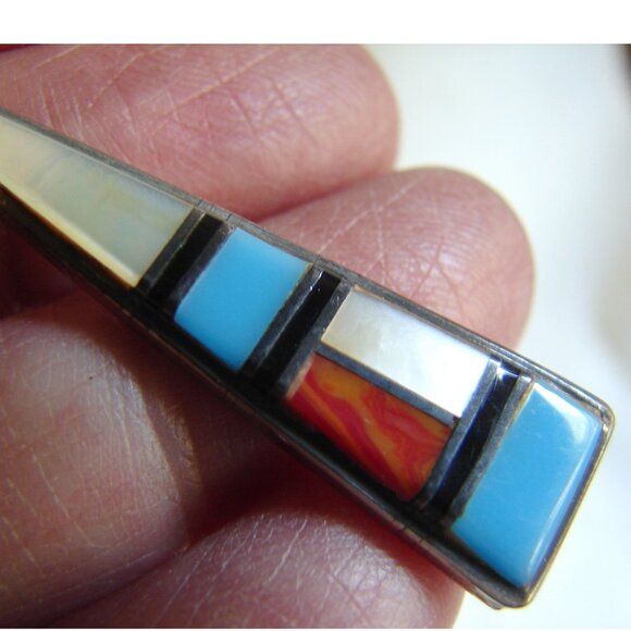 Zuni Turquoise Inlay Sterling Silver Dangle EARRINGS, Spiney Oyster, MOP D24 - Picture 9 of 9